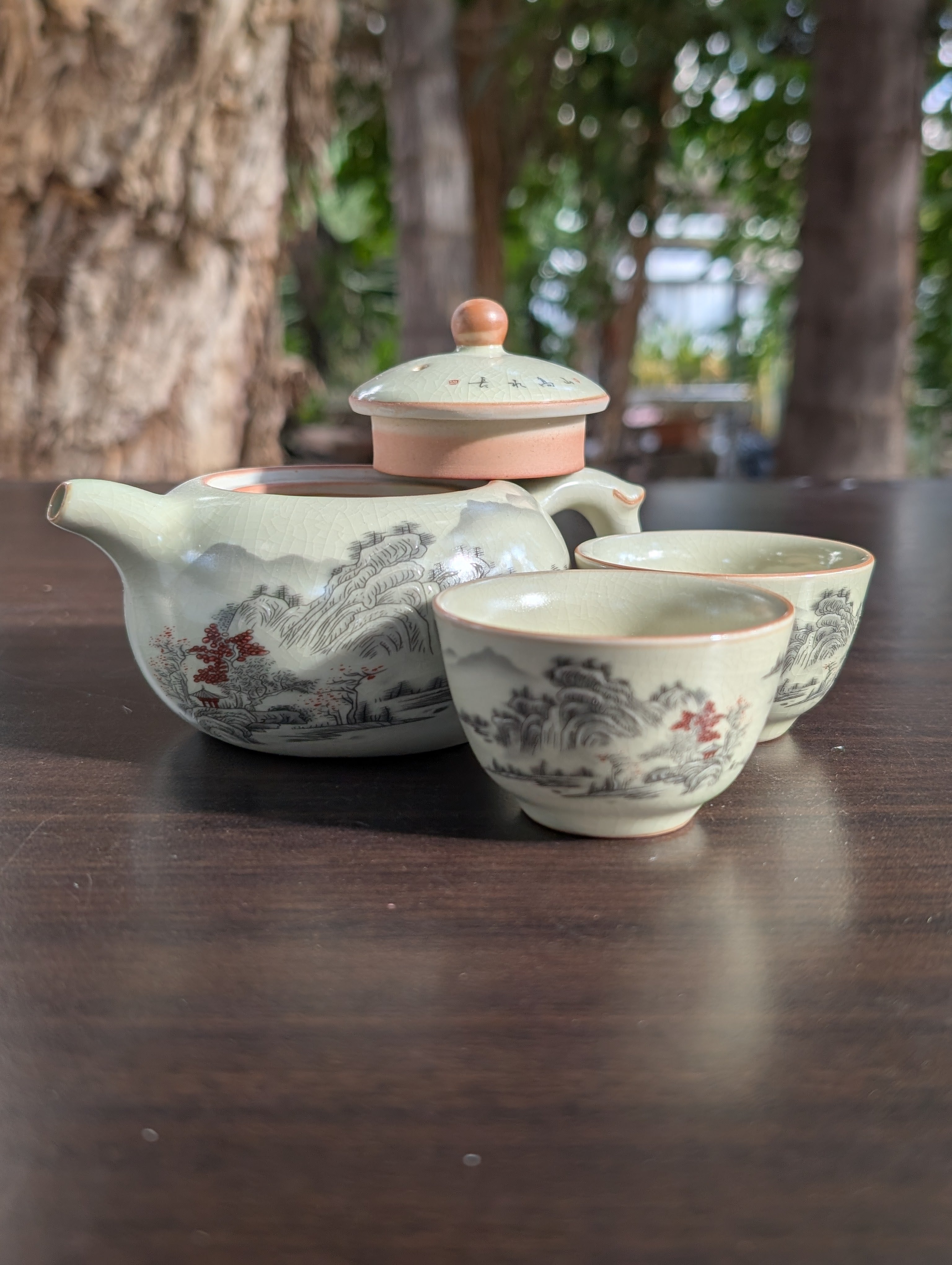 Jade Green Celadon Porcelain Gongfu Tea Set Landscape Scene Teapot and Cups