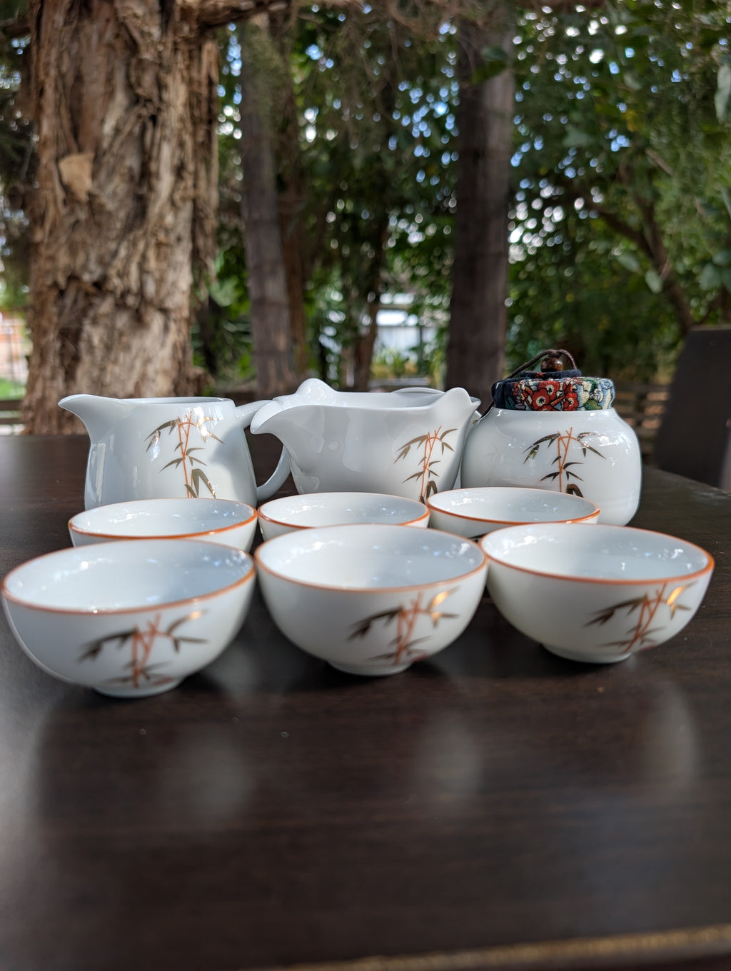 Portable Chinese Porcelain Travel Tea Set Bamboo Painted Gongfu Set In Leather Case